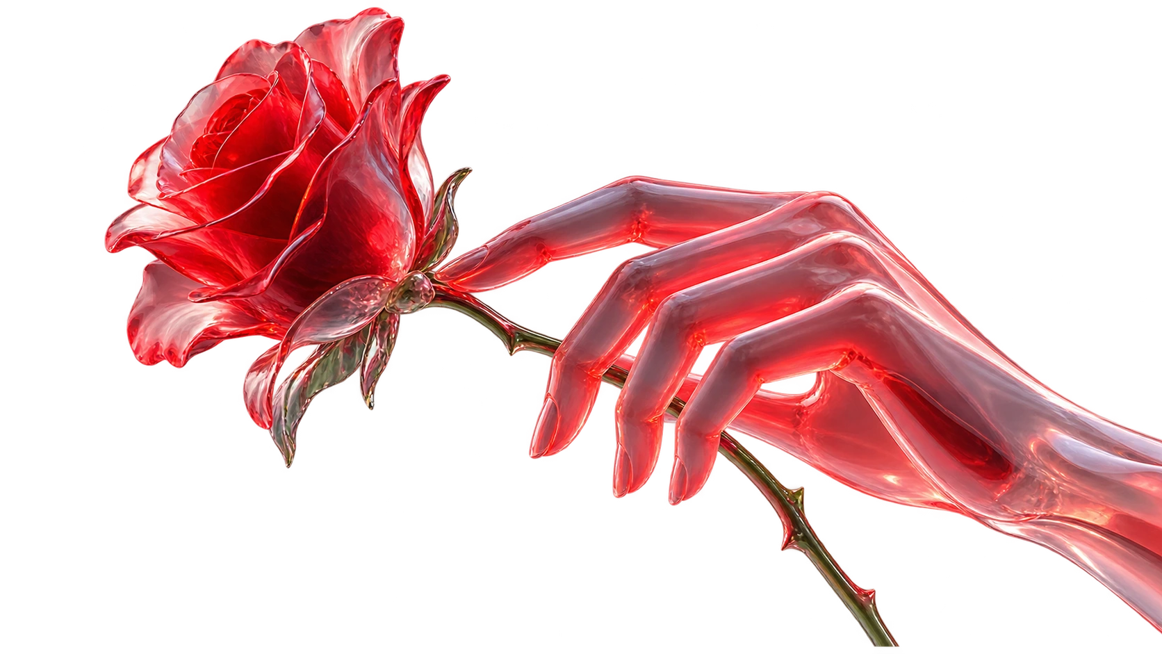 A translucent glass hand holding a red glass rose